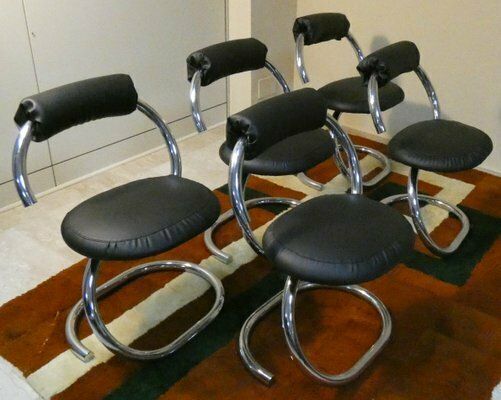 Cobra Chairs In Steel And Black Leather By Giotto Stoppino, 1970s, Set Of 5 photo furniture