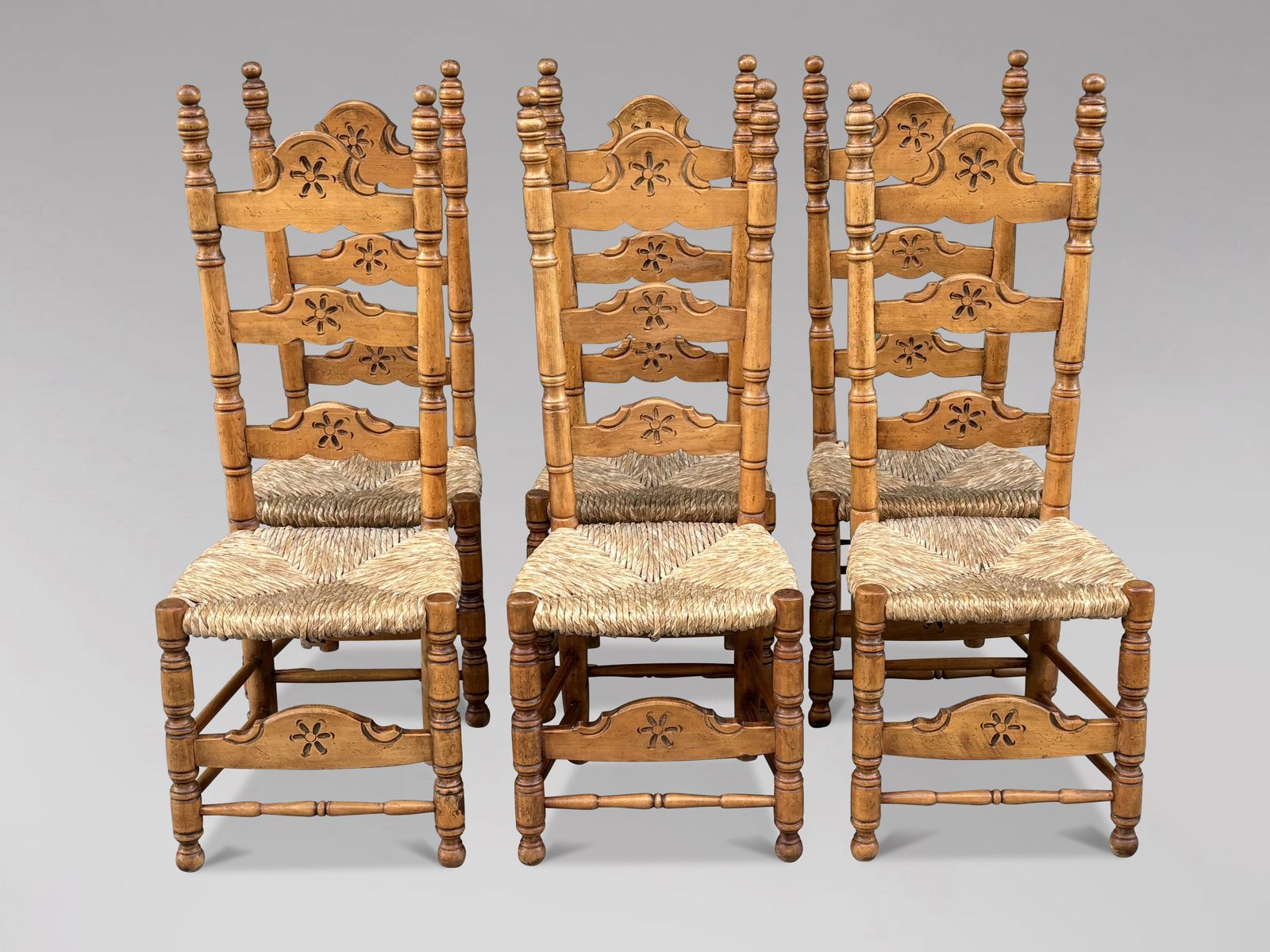 Set Of 6 Spanish Country Style Maple Rush Seat Dining Chairs photo 2200.0