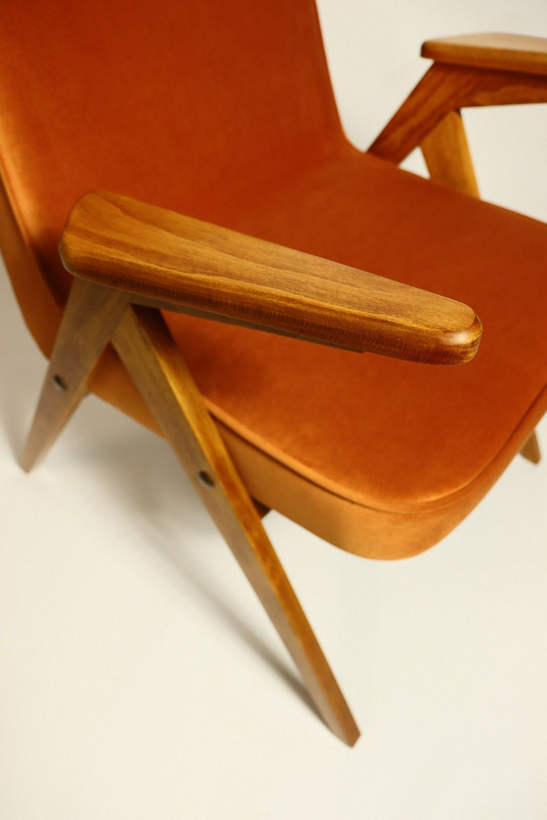 Vintage Lounge Chair Burt Orange By J. Chierowski, 1960, Scandinavian Design Velvet Fabric photo vinterior