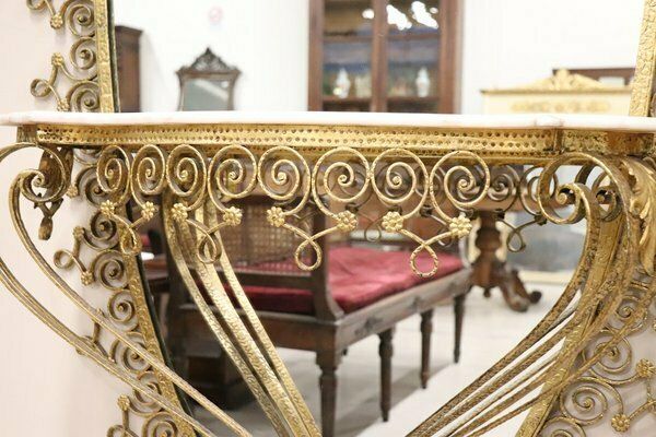 Large Mid 20th Century Oval Floor Mirror In Iron With Consolle Table In Marble Attributed To Pier Luigi Colli photo vinterior