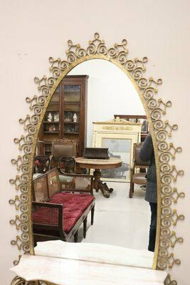 6910.0 Large Mid 20th Century Oval Floor Mirror In Iron With Consolle Table In Marble Attributed To Pier Luigi Colli photo