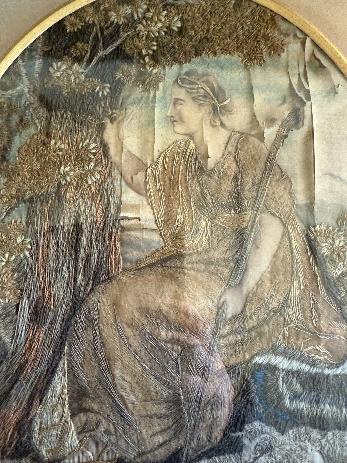 Pair Of Antique Silk Embroidery Pictures Tapestry Gilt Frame Seated Ladies photo vintage