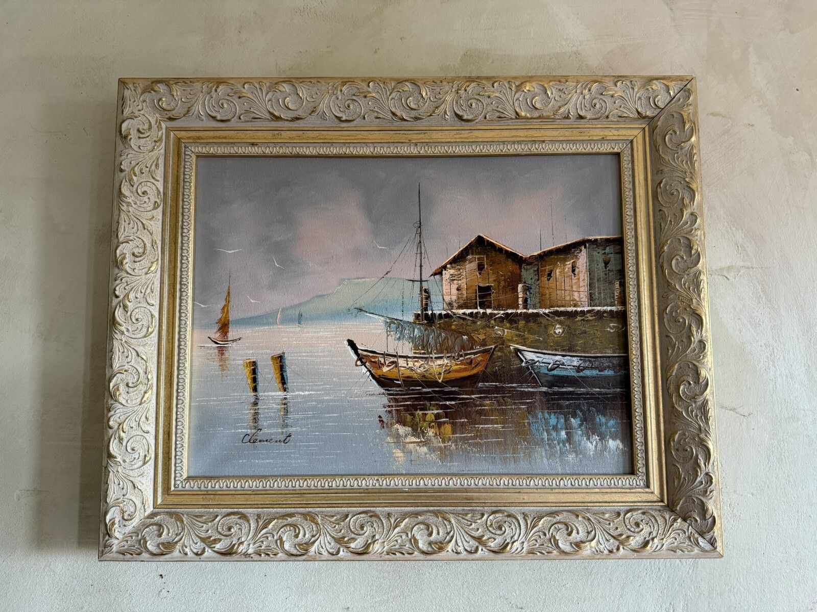 Antique Oil Painting On Canvas Fishing Boats At Bay Signed Clement Gilt & Cream