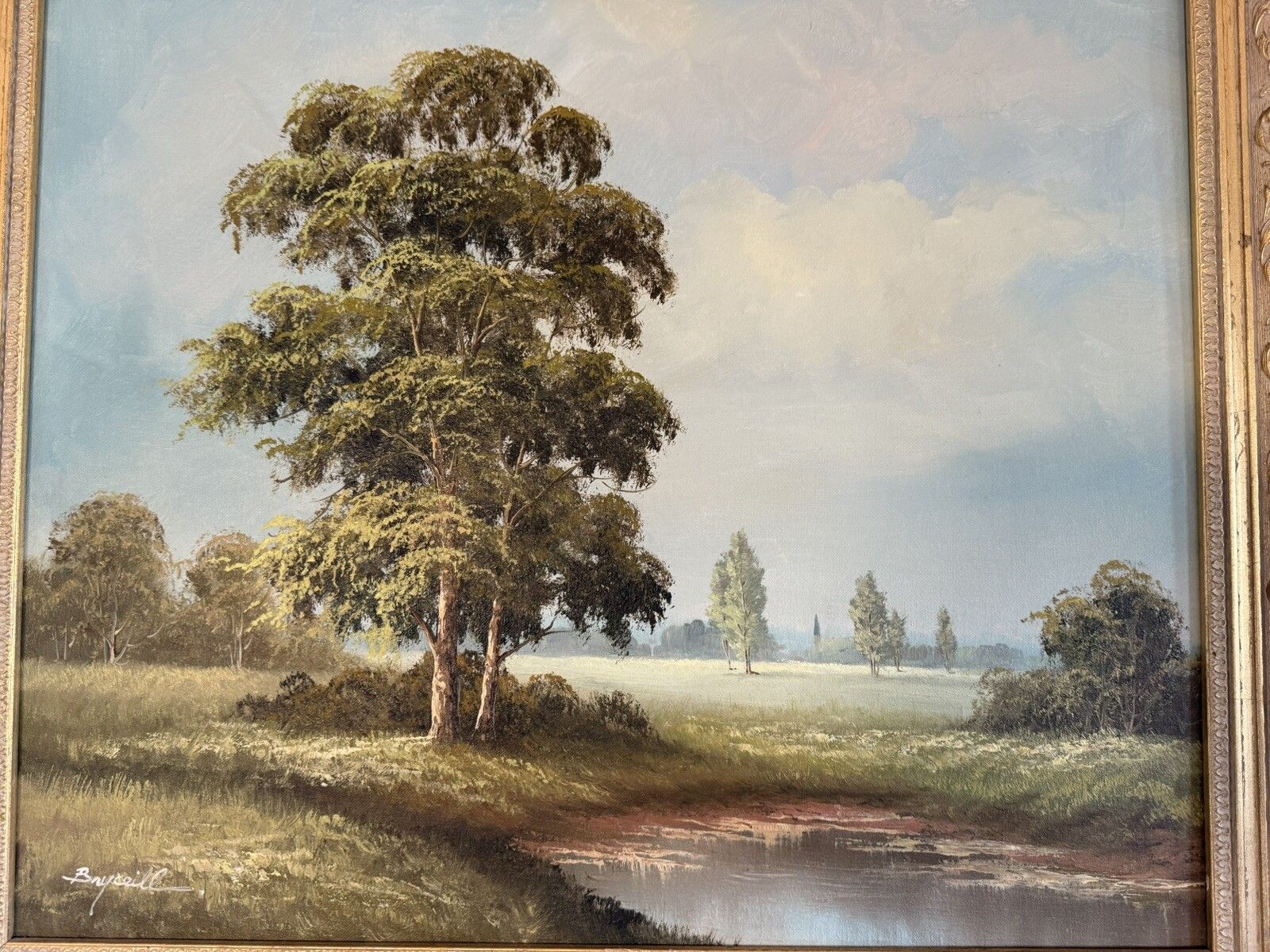 Vintage Oil Painting On Canvas English Summer Day Landscape Signed photo for sale