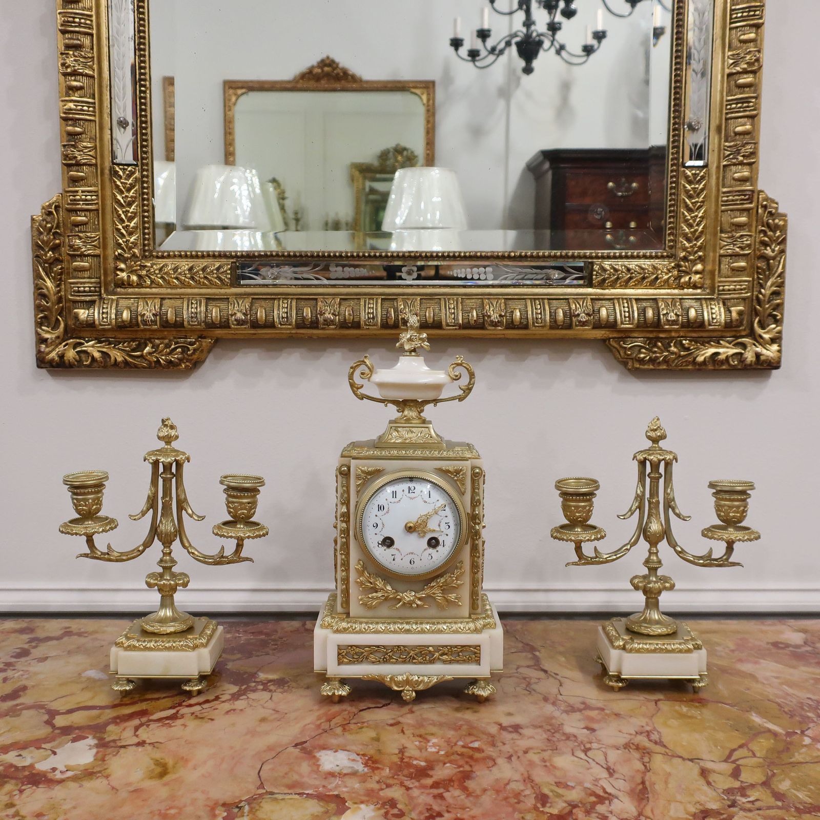 French Louis XVI Style Marble And Bronze Gilt Clock Set By Samuel Marti