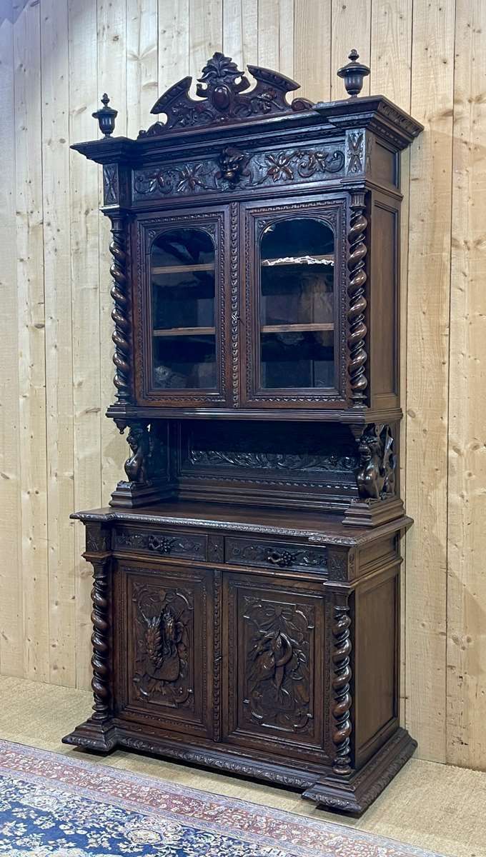 photo for sale Renaissance 2 Body Sideboard On The Theme Of Hunting And Fishing, 19th Century Work In Oak