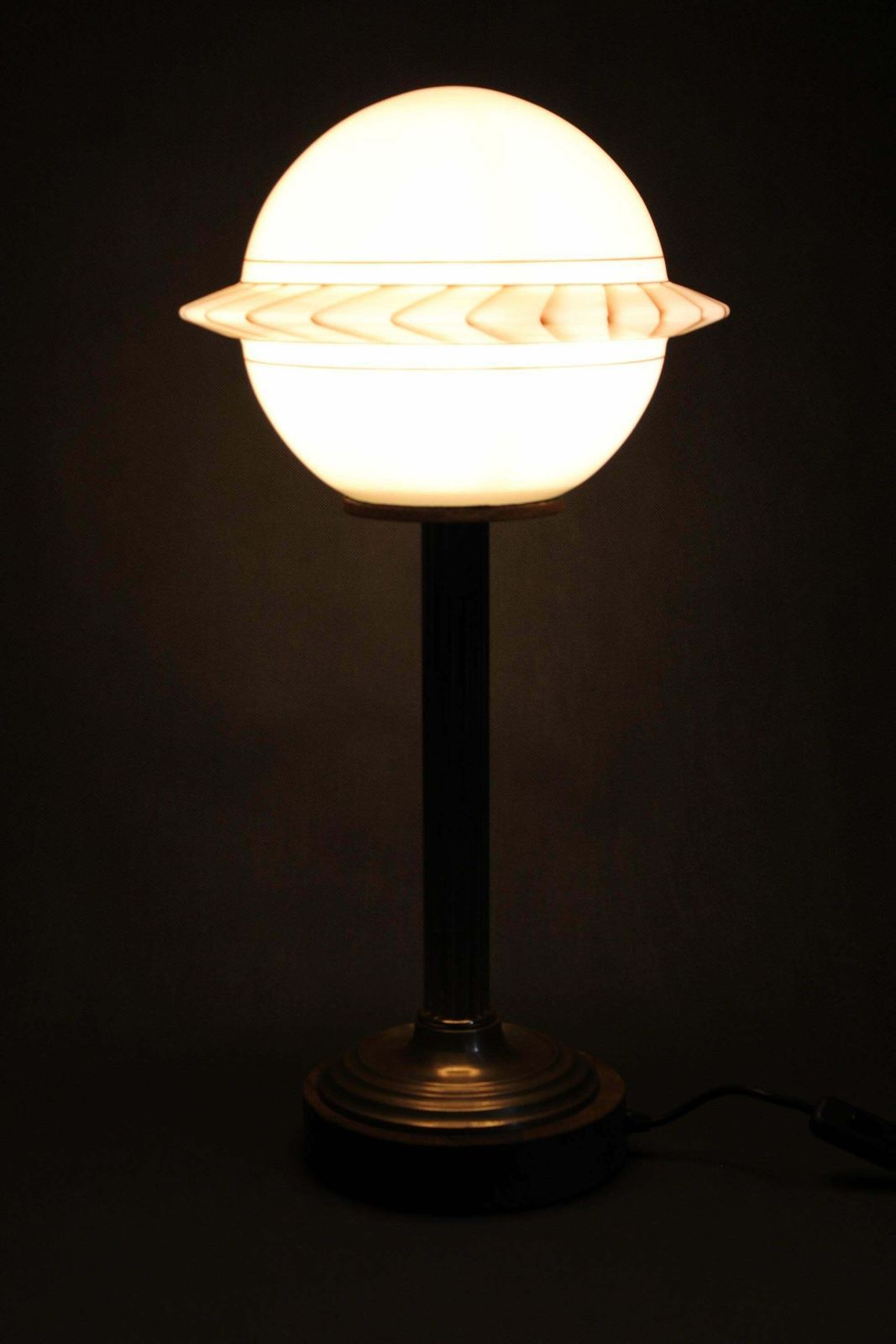 1940s Restored Brass Table Lamp With Wooden Base And Glass Shade photo vintage