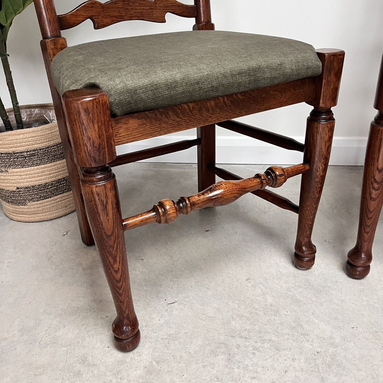 Pair Of Vintage Oak Wavy Line Ladderback Dining Chairs, 1980s, Reupholstered photo vinterior