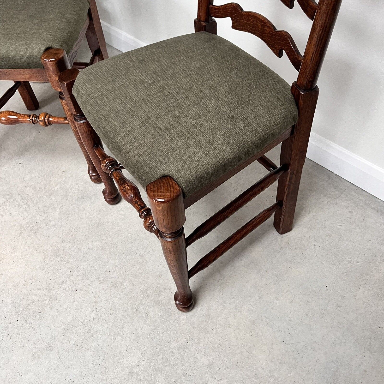 photo furniture Pair Of Vintage Oak Wavy Line Ladderback Dining Chairs, 1980s, Reupholstered
