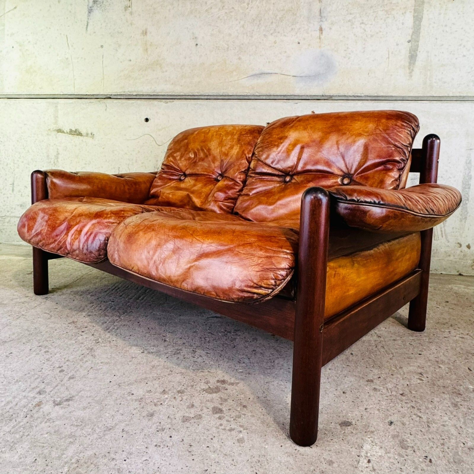 Vintage 1970s Swedish Arne Norell Two Seater Sofa & Chair Tan Leather Set #A457 photo vinterior