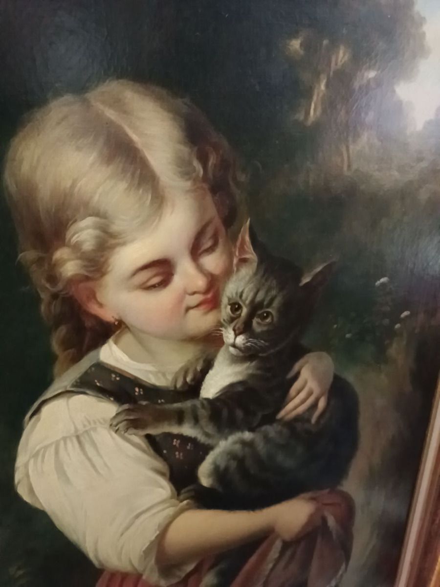 Rudolf Epp (1834 1910) Young Girl Holding A Cat, Oil Painting photo Art