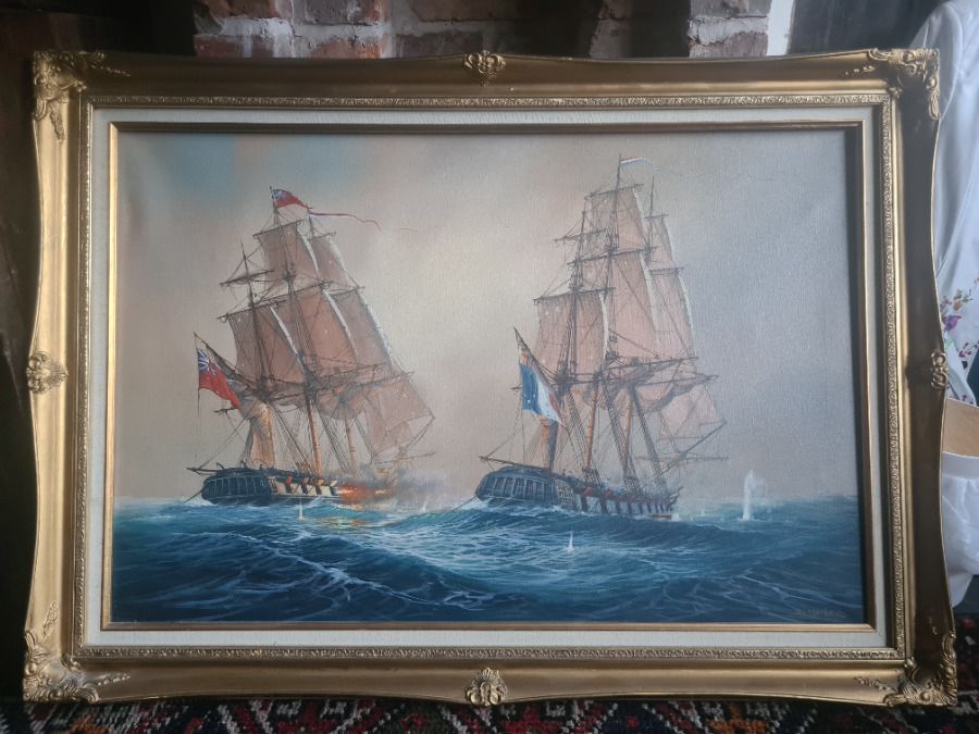Frigate Action Scene   French Frigate Cléopâtre Against Hms Nymphe By Donald Macleod, Oil On Canvas photo for sale