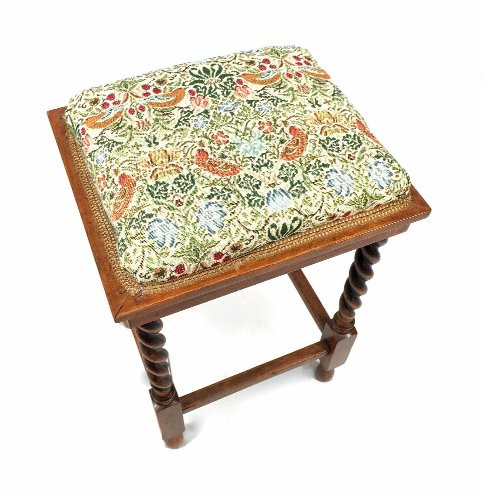 Antique Solid Oak Arts And Crafts Barley Twist Stool / Seat C1920 Nouveau Fabric photo for sale