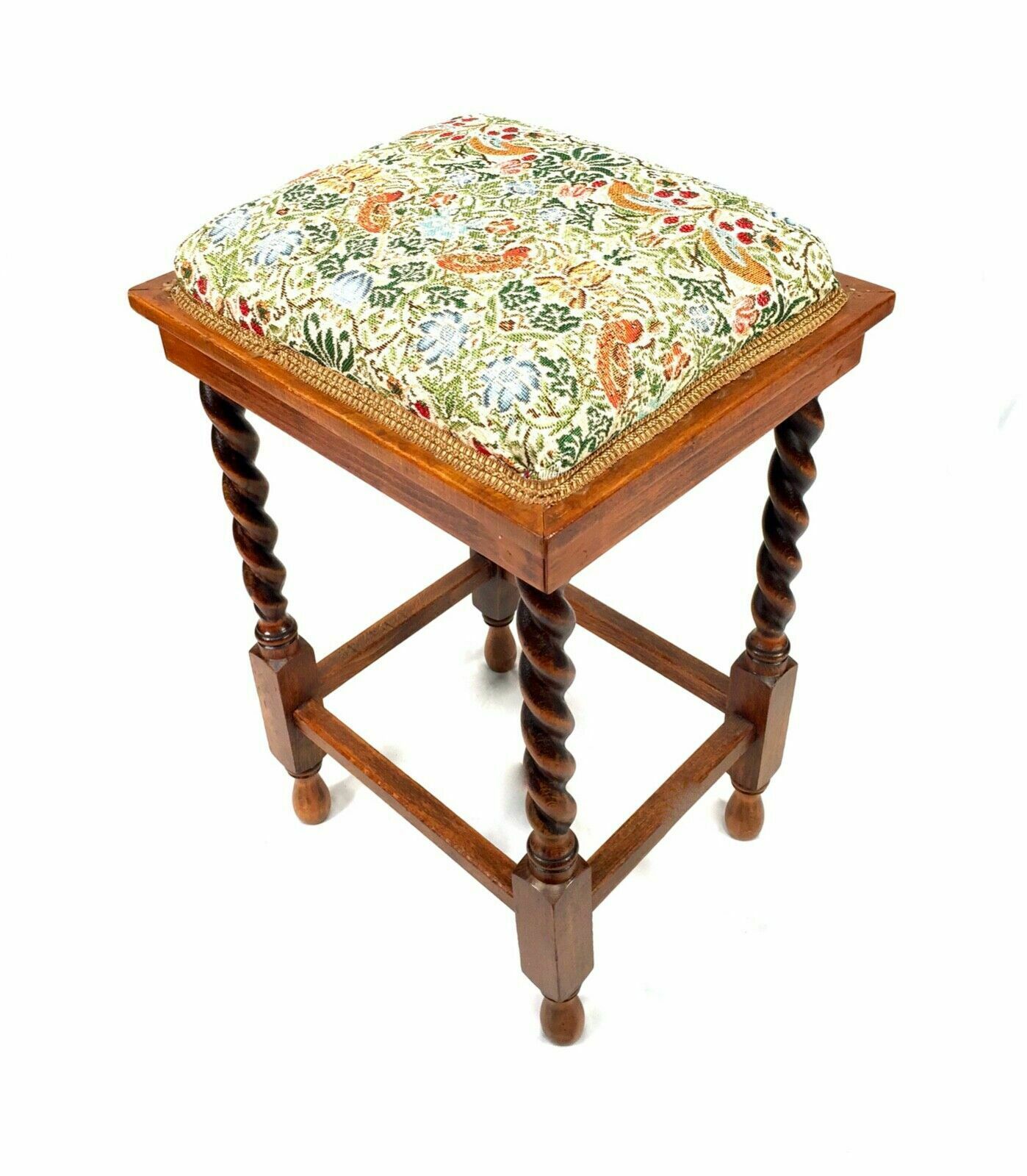Antique Solid Oak Arts And Crafts Barley Twist Stool / Seat C1920 Nouveau Fabric photo 145.0