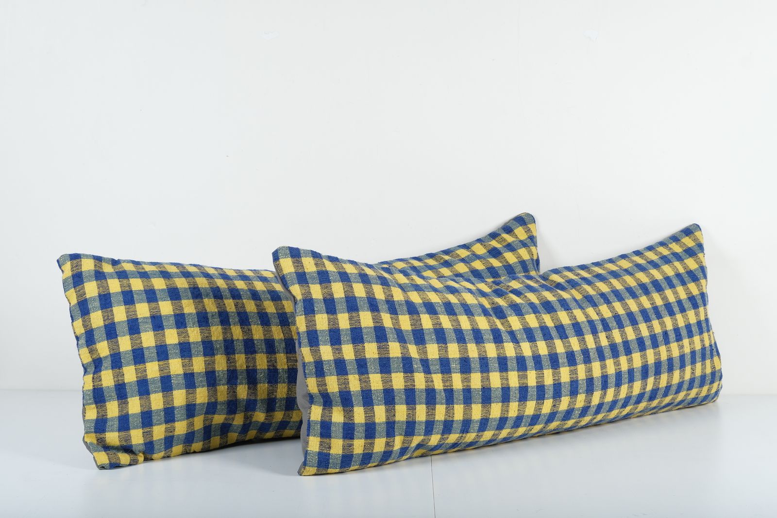 Anatolian Striped Yellow And Blue Geometric Kilim Rug Pillow Cover, Set Of Two Wool Handmade Bedding Lumbar Cover photo furniture