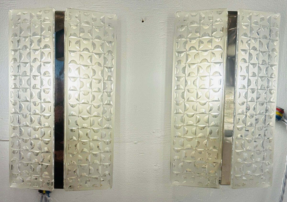 Pair Of 1960s Kaiser Leuchten Frosted Glass & Chrome Wall Lights photo furniture