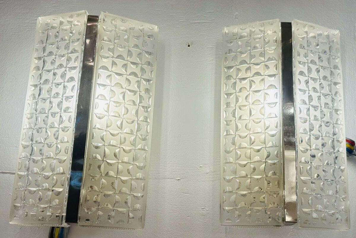 Pair Of 1960s Kaiser Leuchten Frosted Glass & Chrome Wall Lights photo Lighting