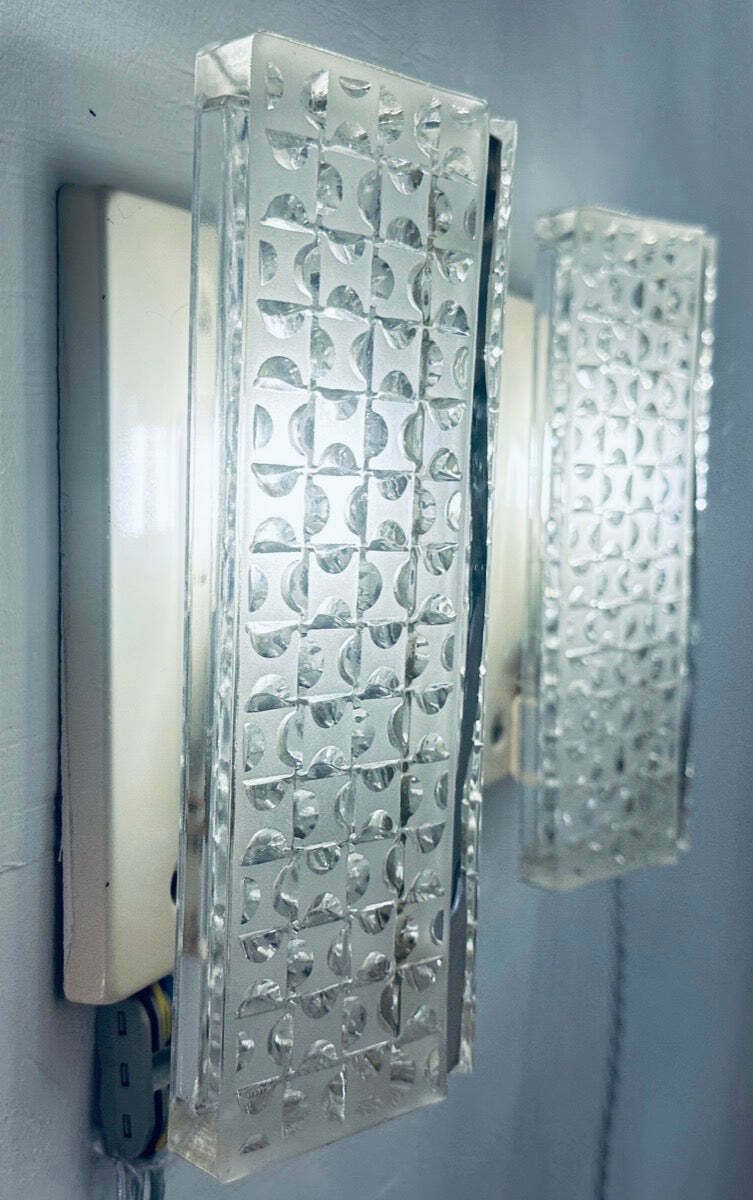 Pair Of 1960s Kaiser Leuchten Frosted Glass & Chrome Wall Lights photo vinterior