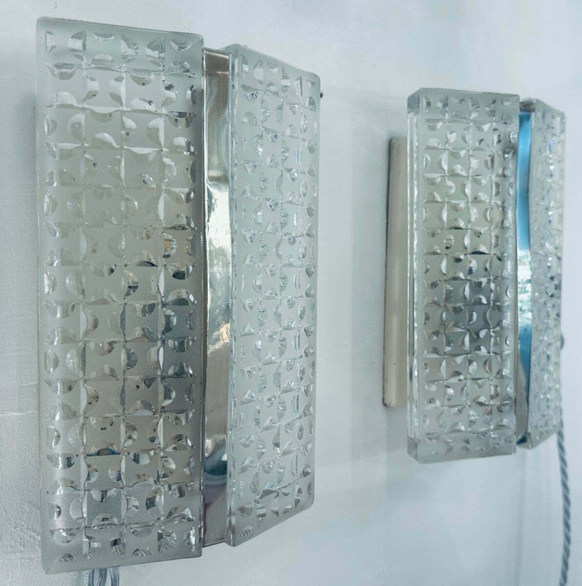 photo for sale Pair Of 1960s Kaiser Leuchten Frosted Glass & Chrome Wall Lights
