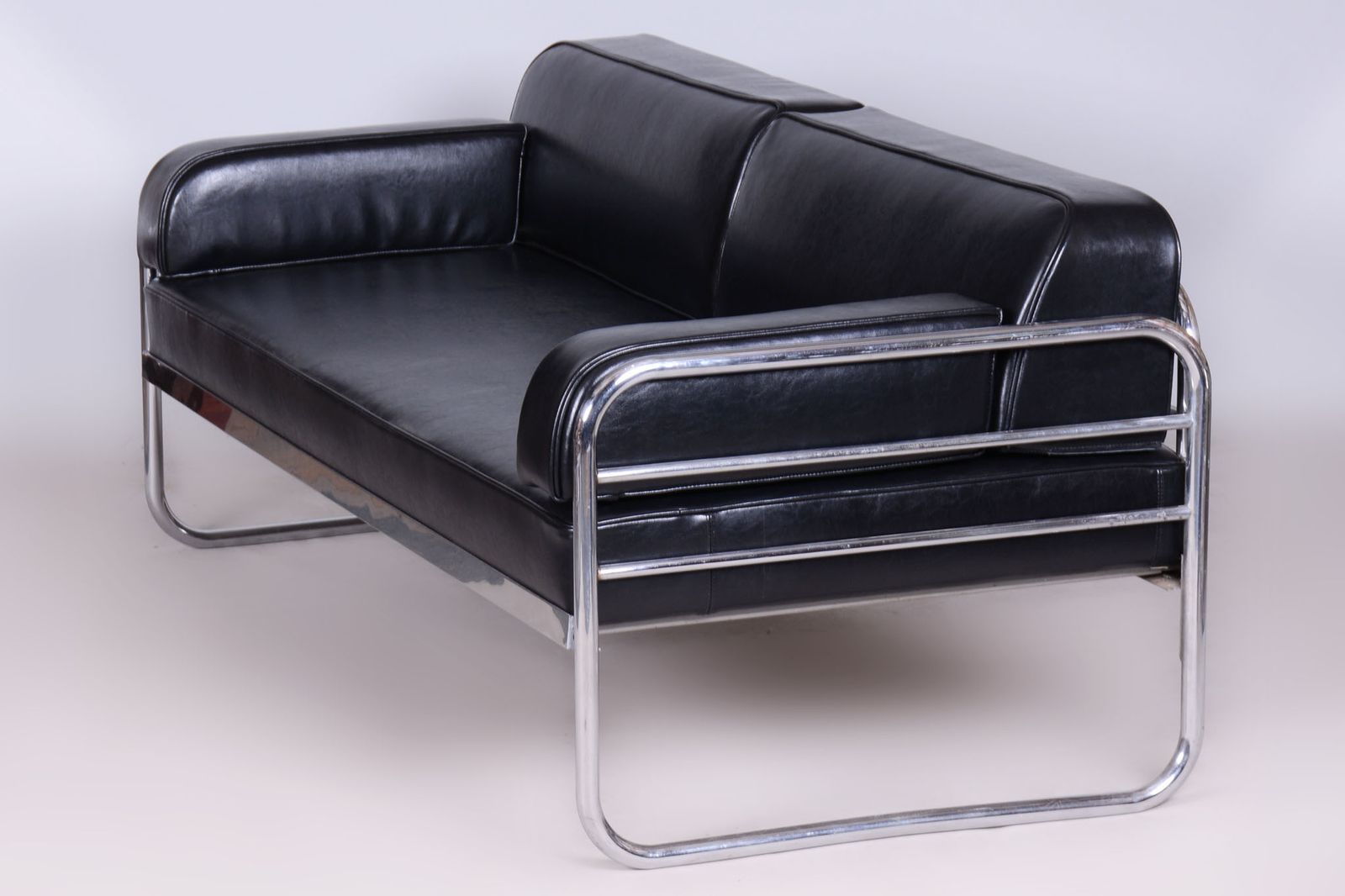 2600.0 Restored Bauhaus Sofa, By Vichr A Spol., Chrome, Leather, Czech, 1930s photo