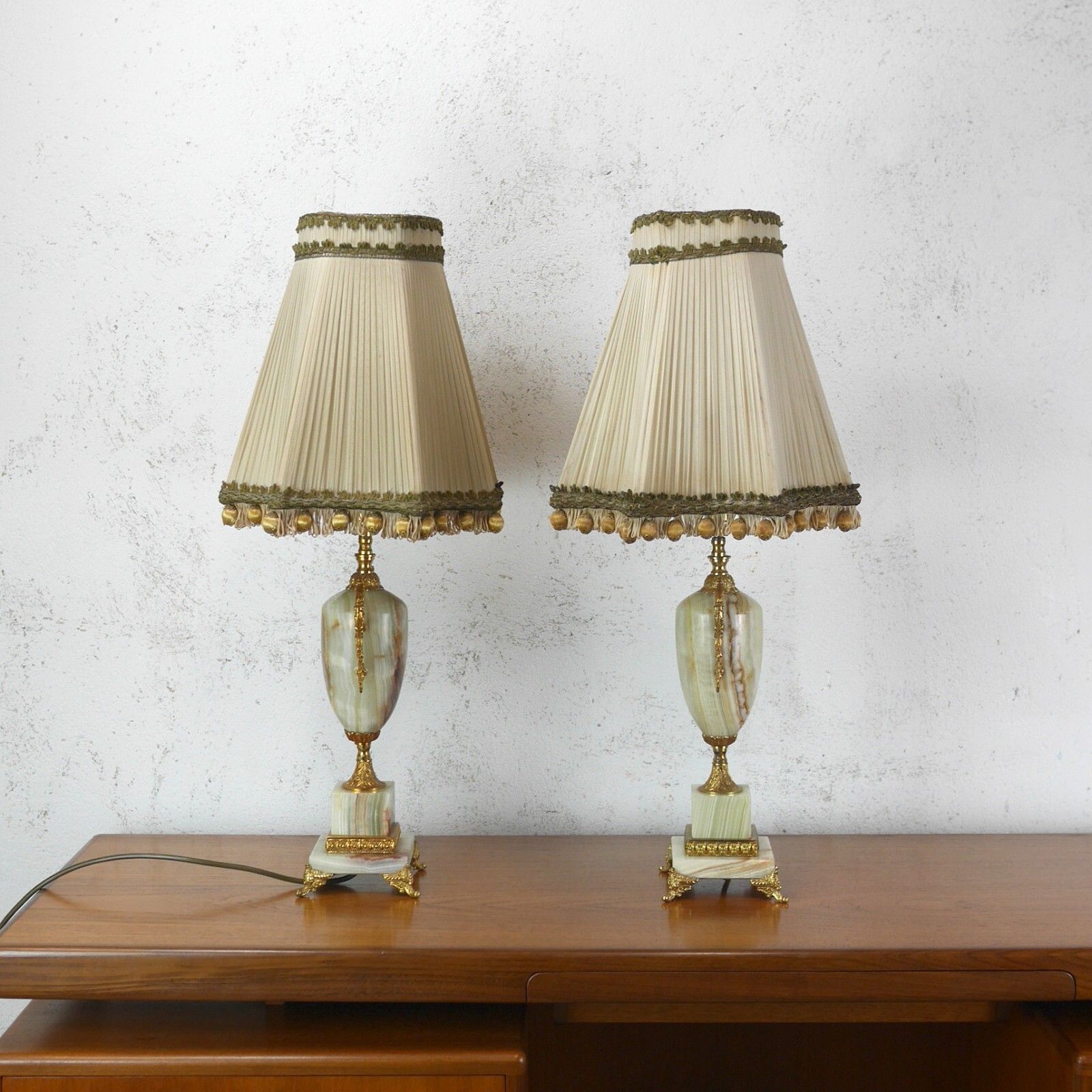 Pair Vintage Mid Century Onyx Green Brown Table Lamps Lights Shades #102757 photo Lighting