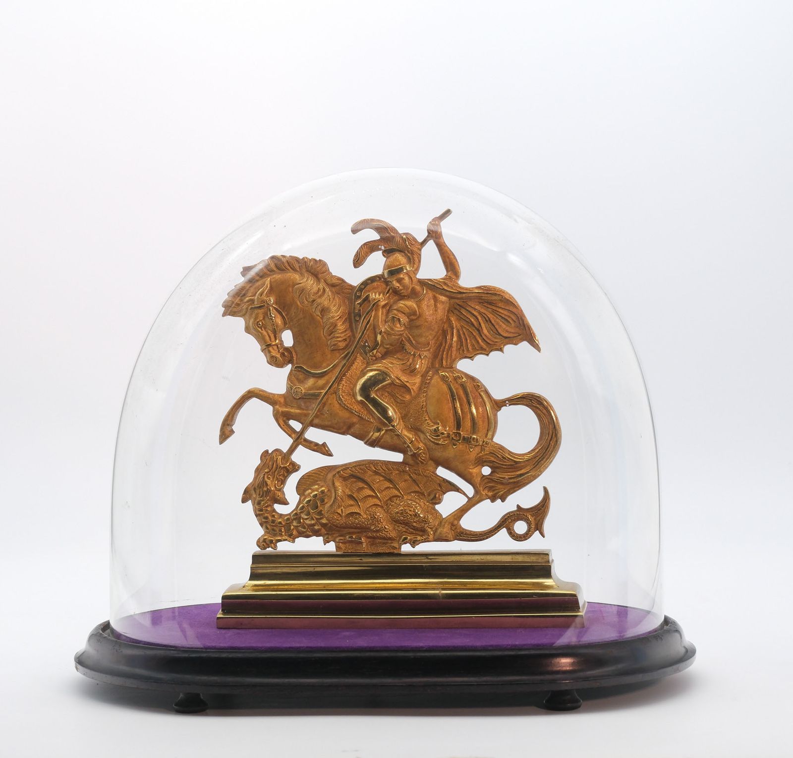 19th Century Bronze & Ormolu Saint George & The Dragon In Domed Glass Display Cloche Circa 1860
