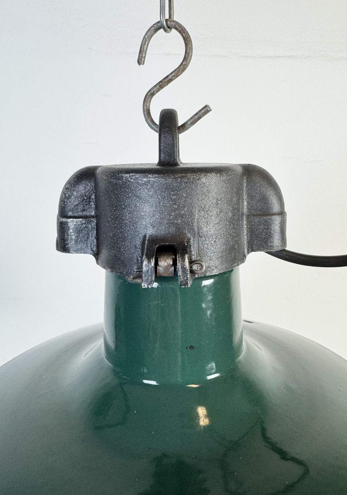 Industrial French Dark Green Enamel Factory Pendant Lamp, 1960s, 5x photo vinterior