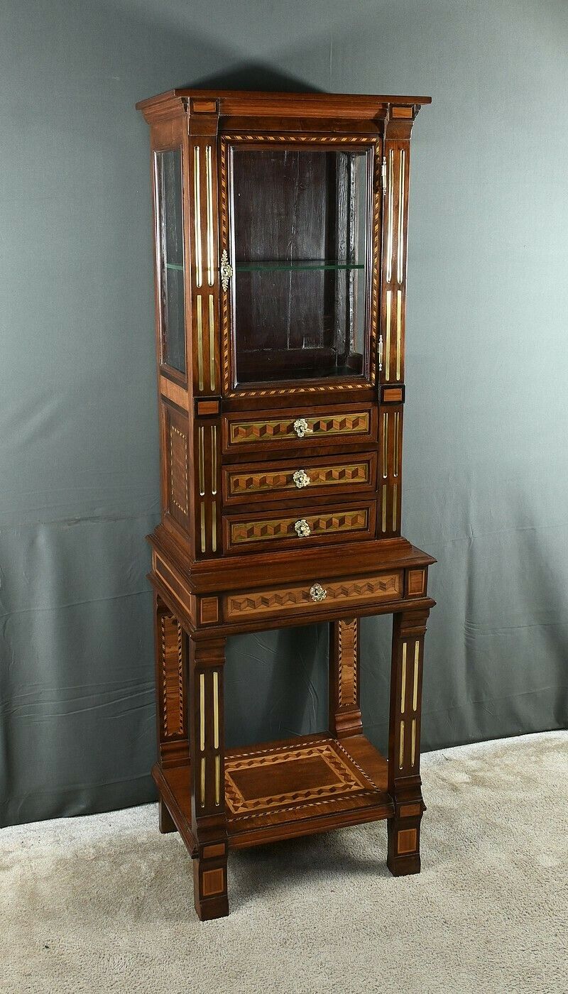 Rare Small Marquetry Display Cabinet, Louis XVI Style – Mid 19th Century photo furniture