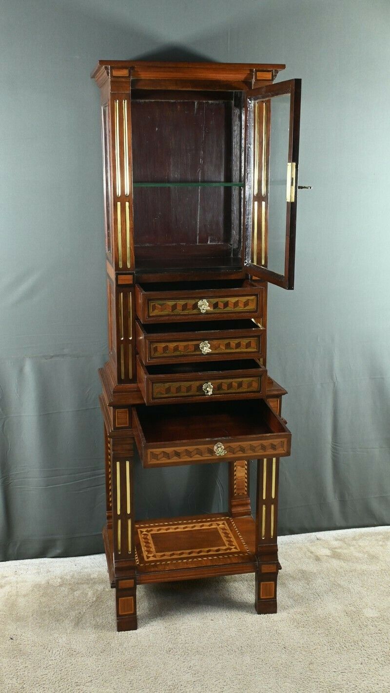 Rare Small Marquetry Display Cabinet, Louis XVI Style – Mid 19th Century photo Furniture