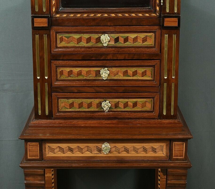 photo furniture Rare Small Marquetry Display Cabinet, Louis XVI Style – Mid 19th Century
