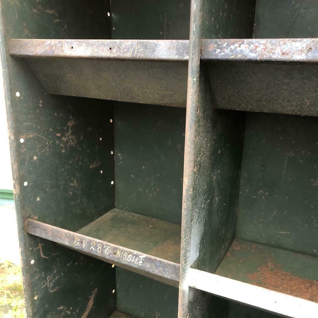 photo for sale Vintage Steel 18 Section Pigeonhole Shelf Unit In Green Paint 1940s