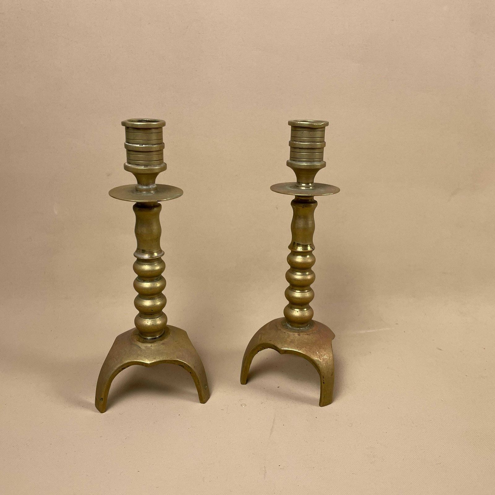Antique Matching Pair Of Gold Brass Metal Candlestick Candle Stick Vintage Column Taper Dinner Candlesticks Column Pillar 3 Feet photo 55.0