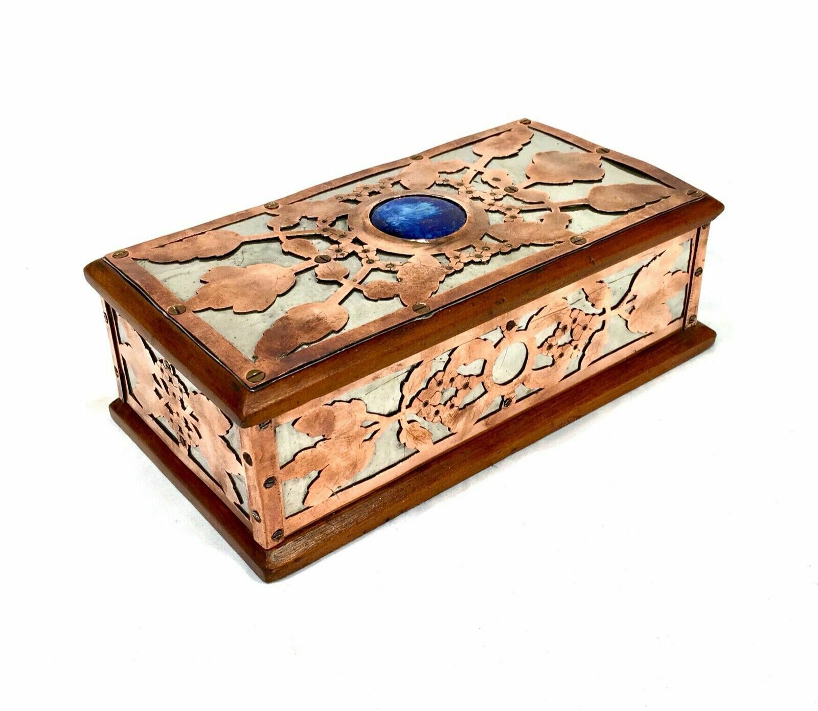 Antique Arts & Crafts Copper & Pewter Walnut Trinket Box Ruskin Cabochon Inlay