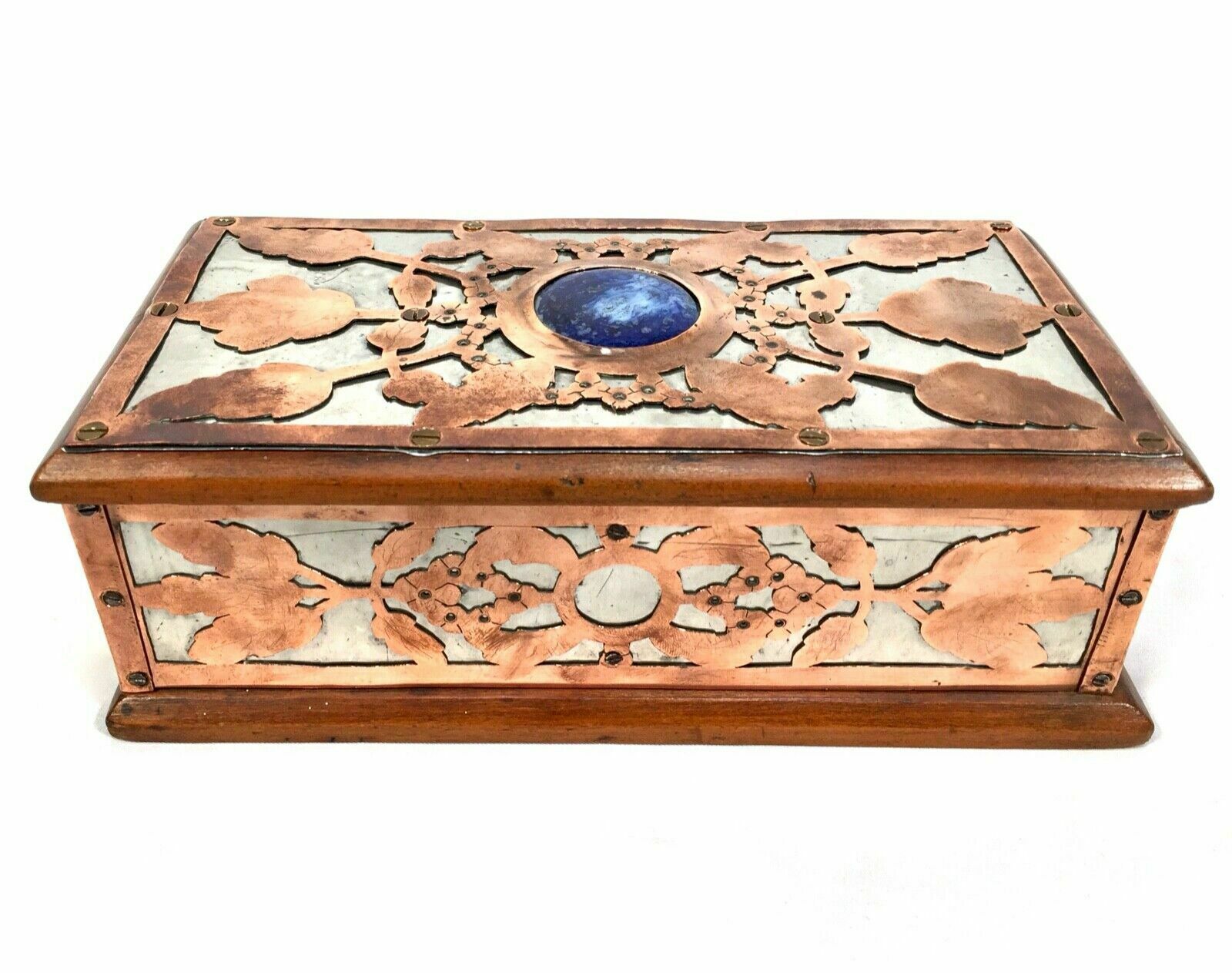 Antique Arts & Crafts Copper & Pewter Walnut Trinket Box Ruskin Cabochon Inlay photo furniture
