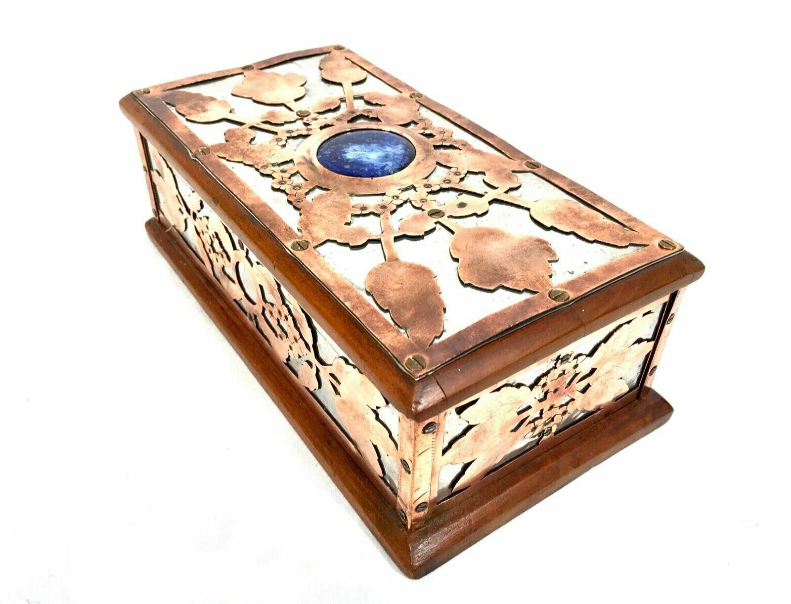 Antique Arts & Crafts Copper & Pewter Walnut Trinket Box Ruskin Cabochon Inlay photo for sale