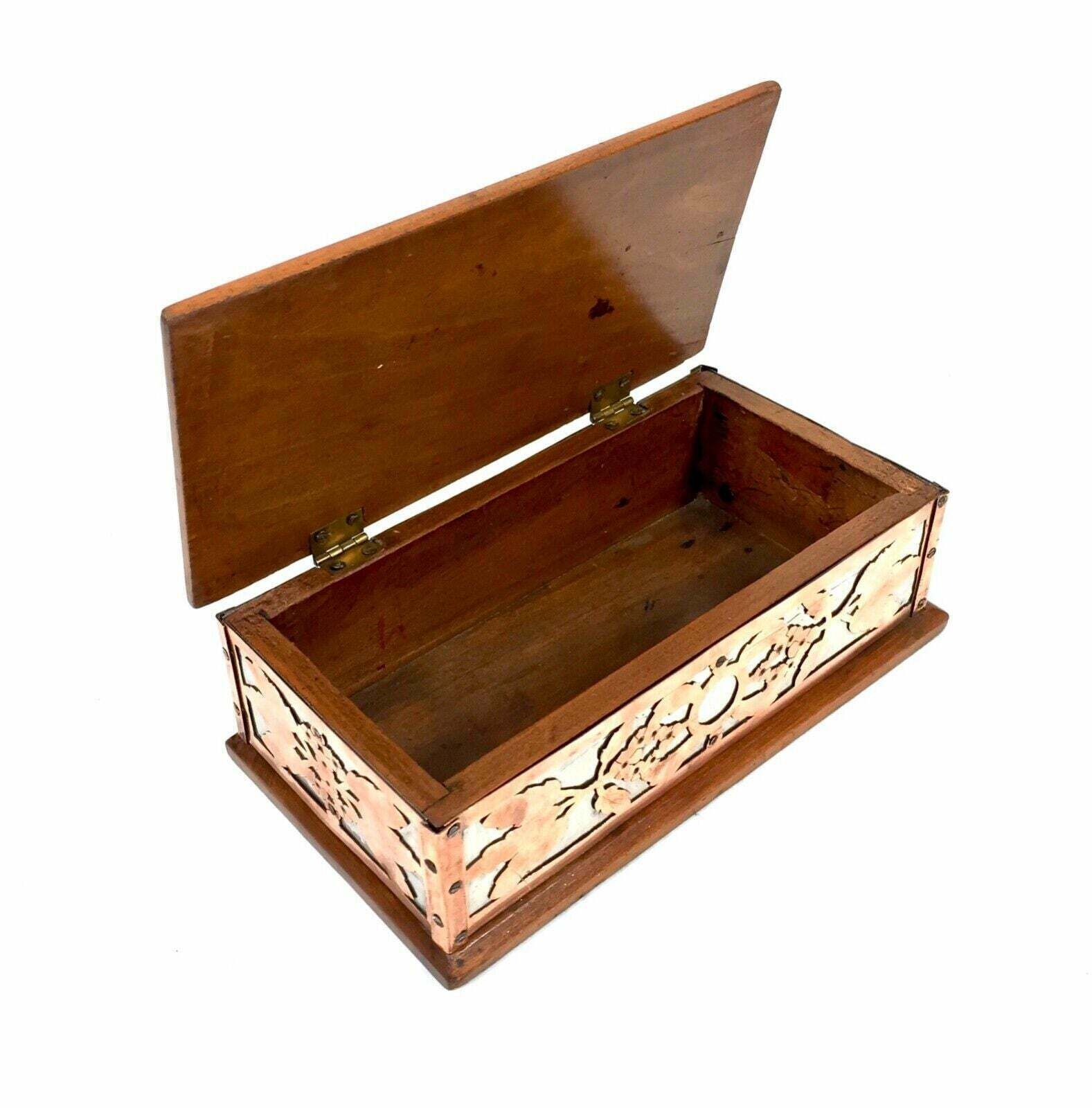 Antique Arts & Crafts Copper & Pewter Walnut Trinket Box Ruskin Cabochon Inlay photo buy
