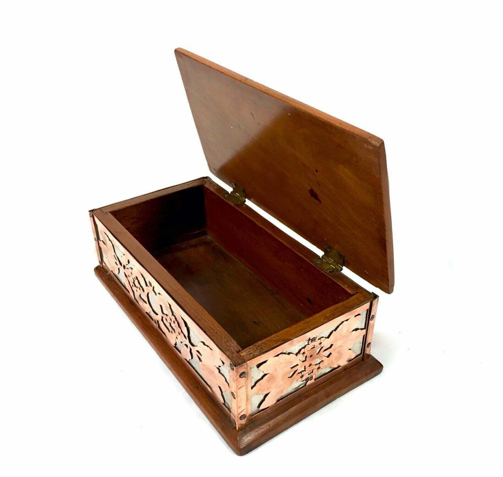 Antique Arts & Crafts Copper & Pewter Walnut Trinket Box Ruskin Cabochon Inlay photo vintage