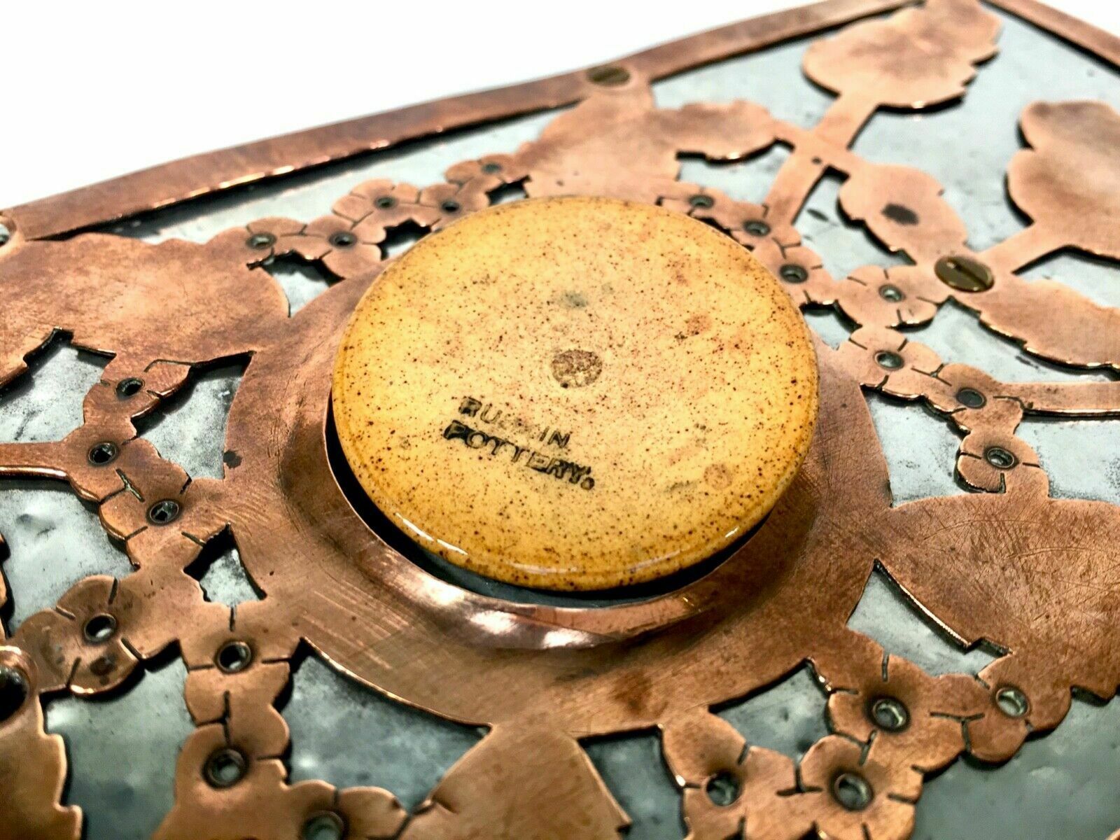Home Decor Antique Arts & Crafts Copper & Pewter Walnut Trinket Box Ruskin Cabochon Inlay photo