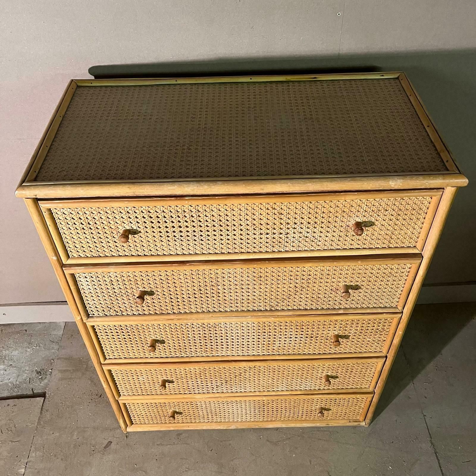 Mid Century Rattan Chest Of Drawers With 5 Drawers And Bamboo Handles photo vinterior