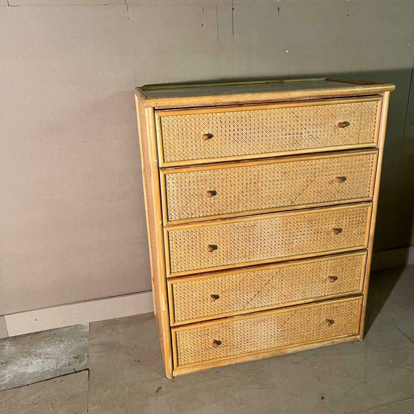 photo furniture Mid Century Rattan Chest Of Drawers With 5 Drawers And Bamboo Handles