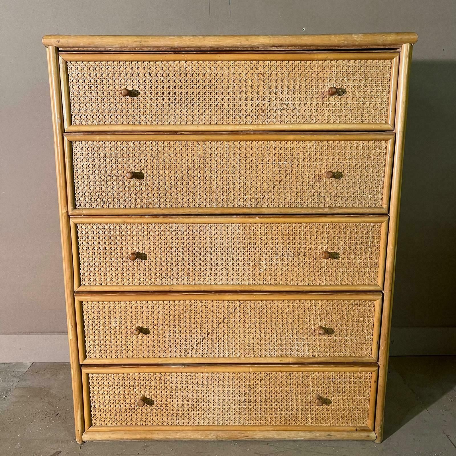 photo for sale Mid Century Rattan Chest Of Drawers With 5 Drawers And Bamboo Handles
