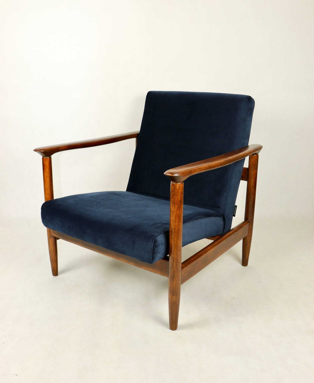 Gfm 142 Armchair, Designed By Edmund Homa From The 70s, Navy Blue   Dark Wood photo for sale