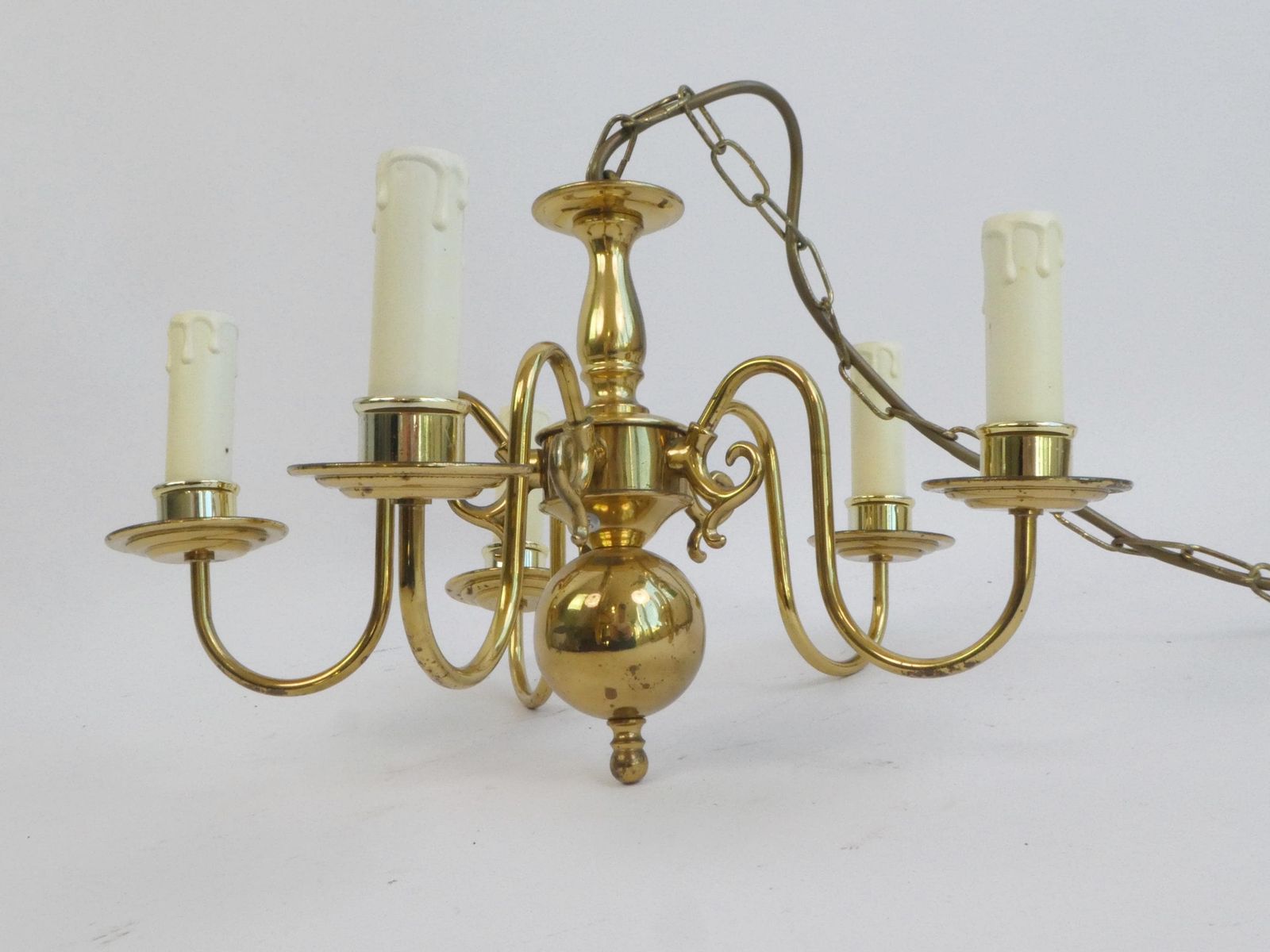 Vintage Brass Branded Chandelier With 5 Arms, German Mid Century Ceiling Lamp, Hollywood Regency Style photo for sale