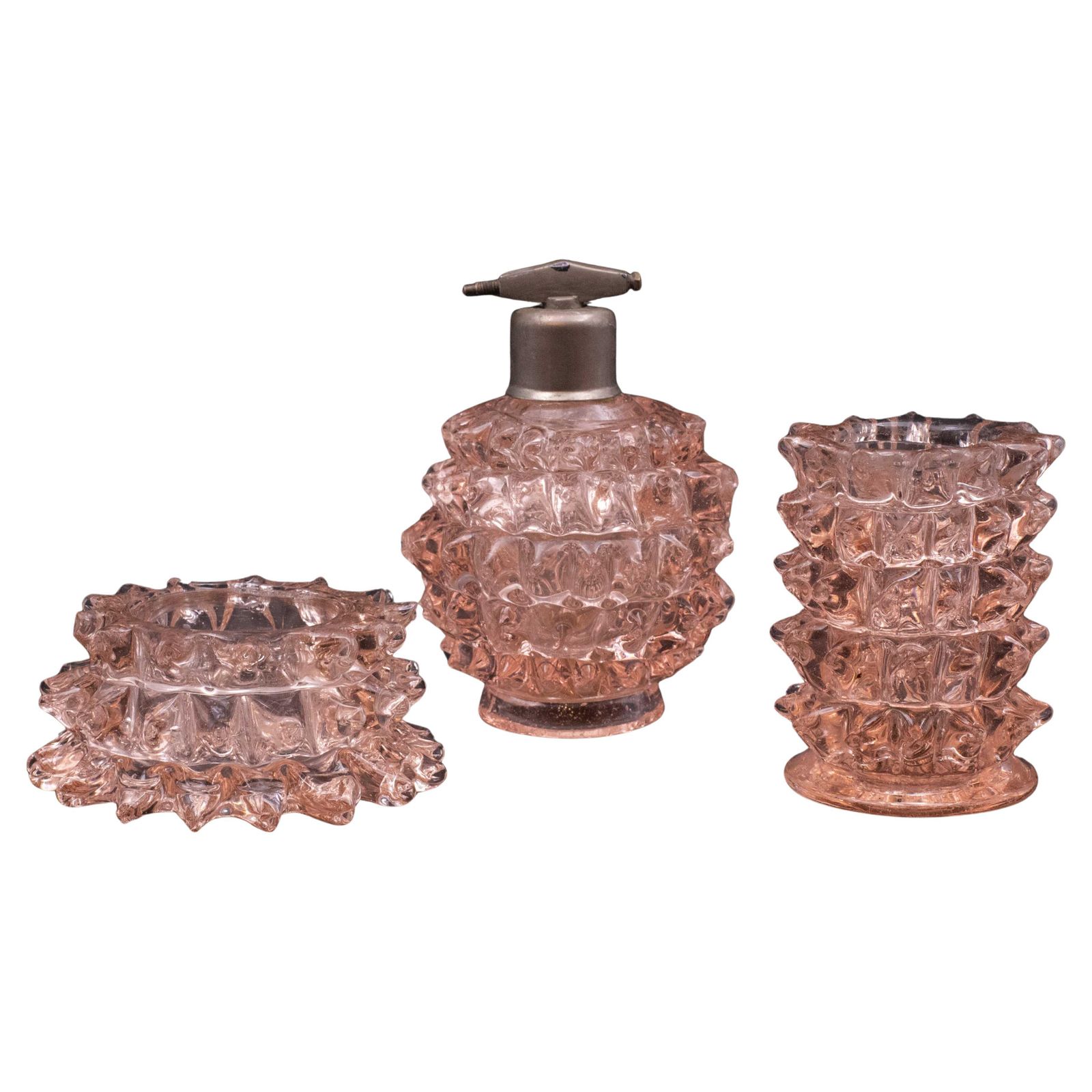 Rare Set Of 3 Pink Rostrato Murano Glass Vases By Barovier & Toso, 1940s