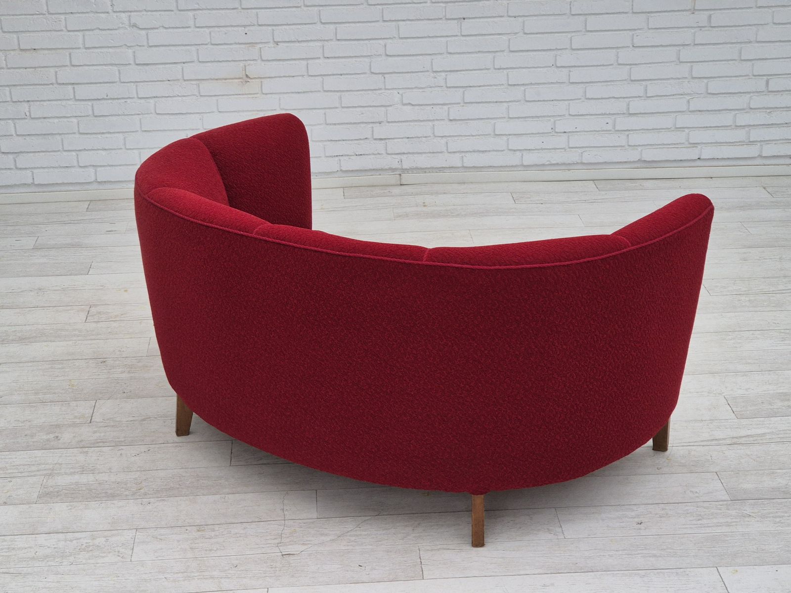1960s, Danish 2 Seater Curved Sofa, Original Red Furniture Fabric. photo for sale
