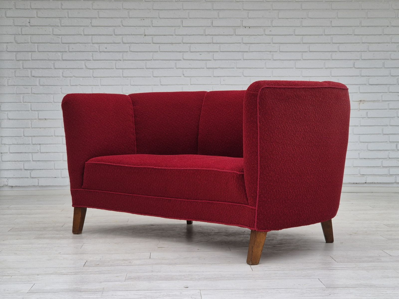 1960s, Danish 2 Seater Curved Sofa, Original Red Furniture Fabric. photo Furniture
