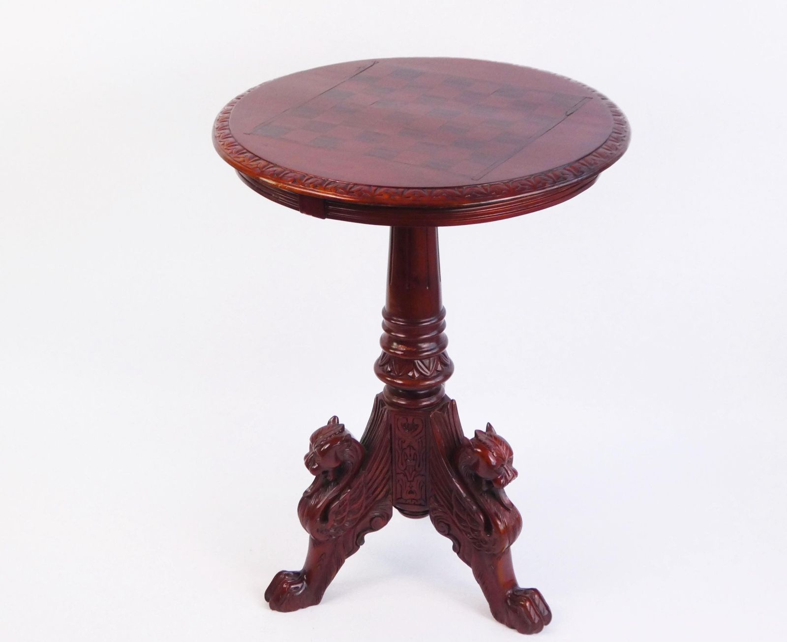 Antique English Mahogany Chess Table With Dragons, Carved Round Side Table, Unique Furniture