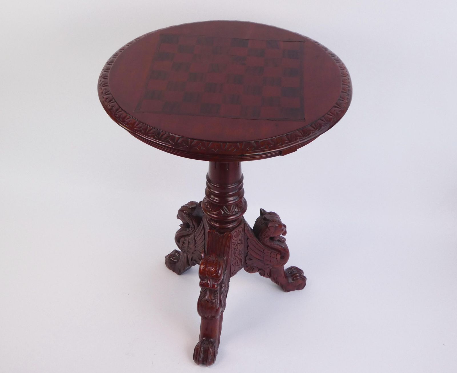 Antique English Mahogany Chess Table With Dragons, Carved Round Side Table, Unique Furniture photo furniture