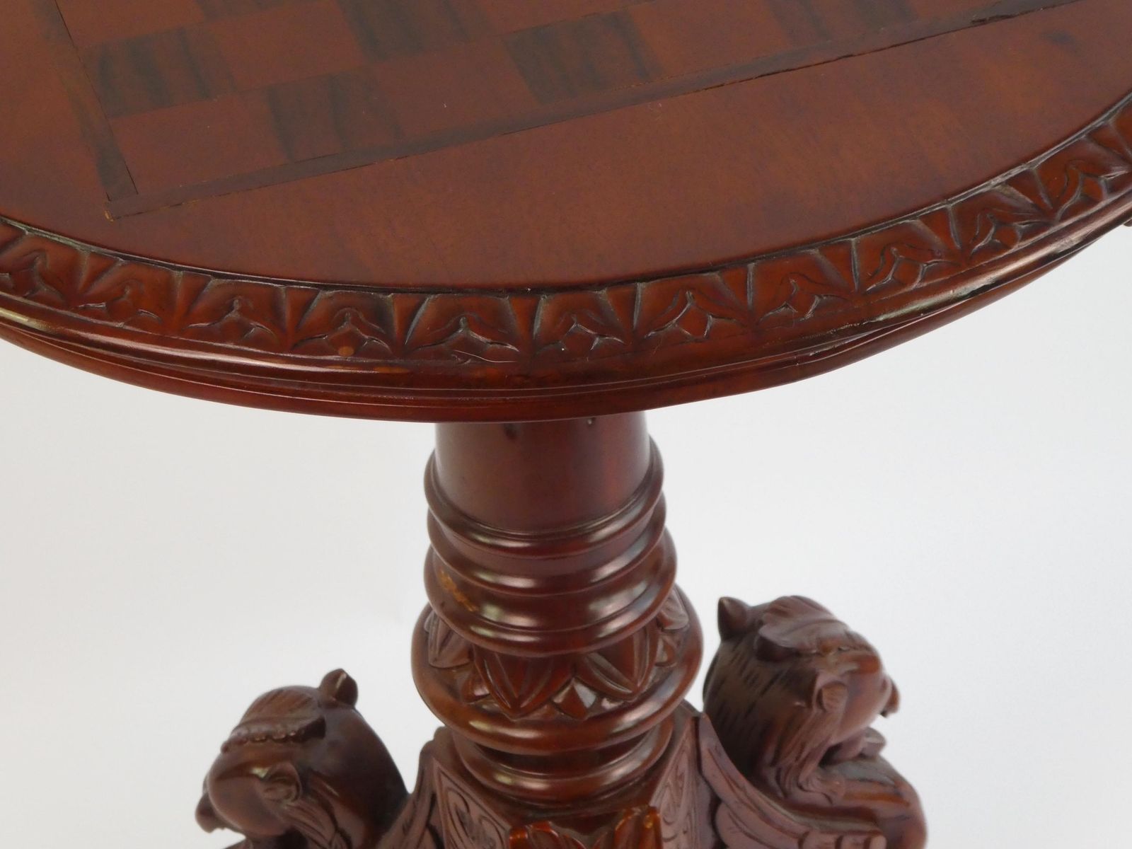 Antique English Mahogany Chess Table With Dragons, Carved Round Side Table, Unique Furniture photo vintage