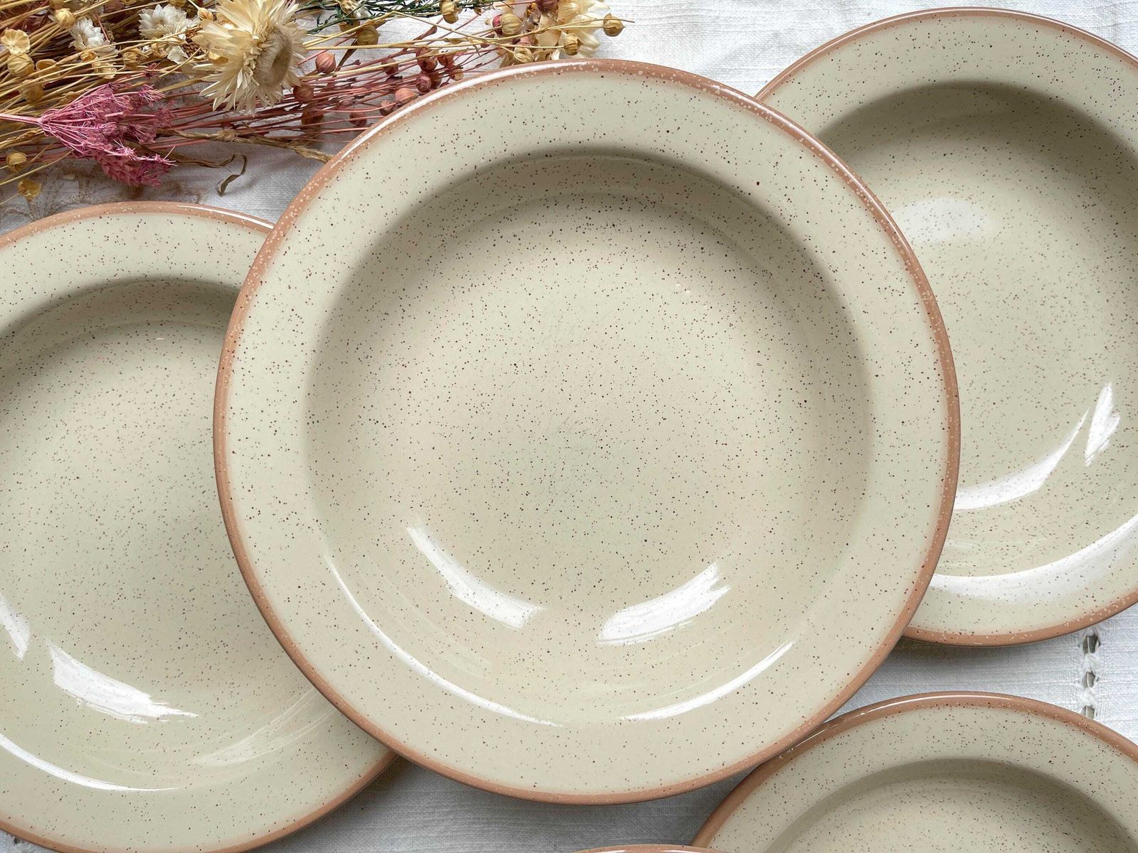 5 Beige Speckled Stoneware Soup Plates Tulowice Poland Style 1970   Vintage Speckled Stoneware Soup Plates   Vintage Stoneware Tableware photo furniture